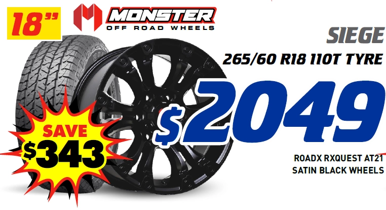 18" 4 Wheel & 4 Tyre Packages - Monster Siege RoadX Rxquest AT21