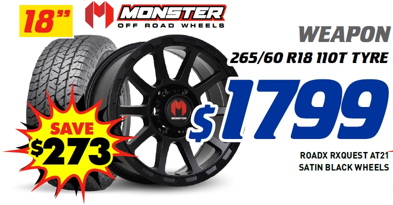 18" 4 Wheel & 4 Tyre Packages - Monster Weapon RoadX Rxquest AT21