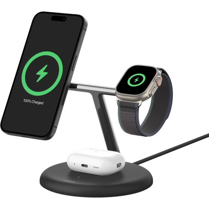 BoostCharge Pro 3-in-1 Magnetic Wireless Charging Stand with Qi2 15W (Black)