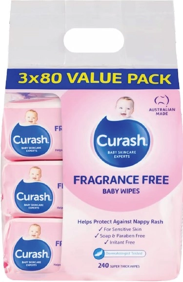 Curash Baby Fragrance Free 3 x 80 Baby Wipes