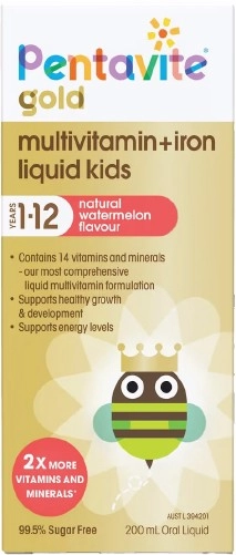 Pentavite Gold Multivitamin + Iron Liquid Kids Watermelon Flavour 200ml