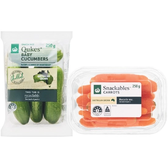 Australian Qukes® Baby Cucumbers or Snackables™ Carrots 250g Pack