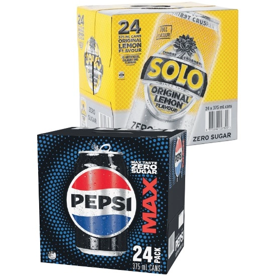 Pepsi Max, Mountain Dew, Solo Zero Sugar or Sunkist Zero Sugar Soft Drink Varieties 24 x 375ml