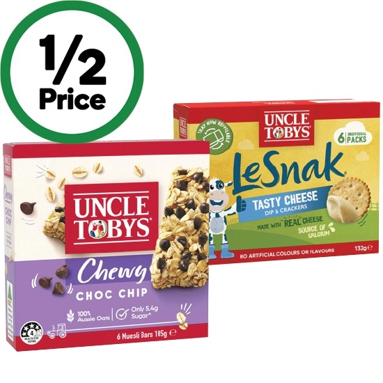 Uncle Tobys Muesli Bars 145-185g Pk 5-6, Uncle Tobys Le Snak 132g Pk 6 or Uncle Tobys Roll-Ups 94g Pk 6