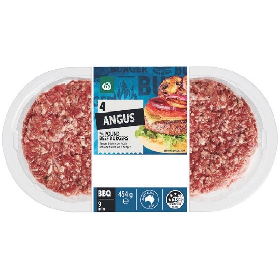 Woolworths Australian Angus 1/4 Pound Beef Burgers 454g Pk 4