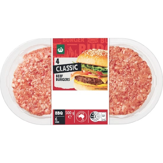 Woolworths Classic Beef Burgers 500g Pk 4