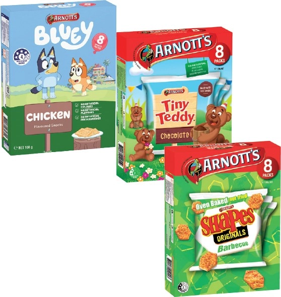 Arnott’s Multipack Bluey, Shapes or Tiny Teddy Biscuits 168g-200g