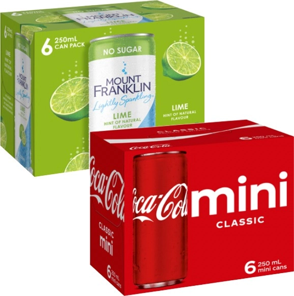 Coca-Cola, Deep Spring or Mt Franklin Mini Cans 6x250mL