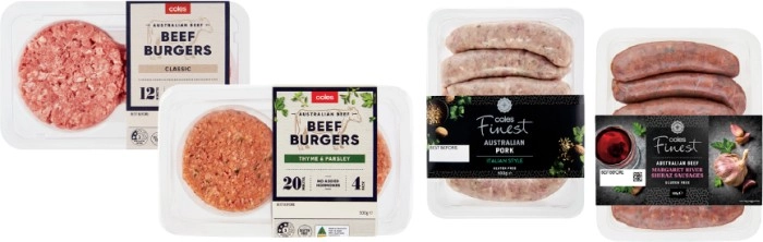 Coles Classic Burgers 400g-500g or Finest Sausages 450g-500g