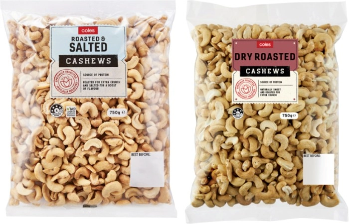 Coles Dry Roasted or Roasted & Salted Cashews 750g Pack