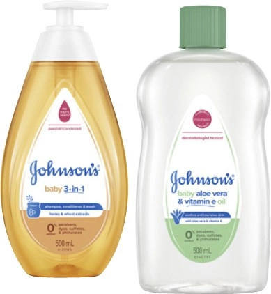 Johnson's Baby Oil with Aloe Vera or Baby 3-in-1 Wash 500mL