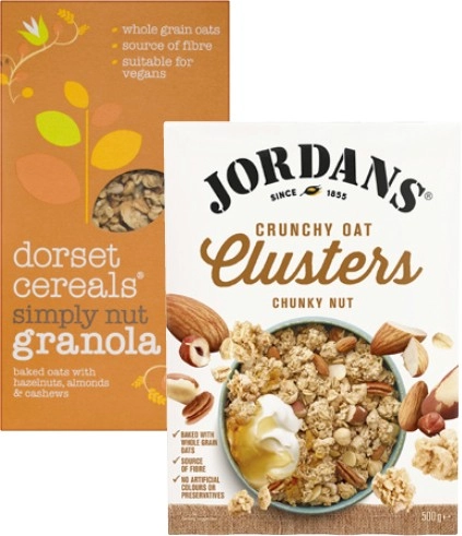 Jordans Granola or Oat Clusters 500g-750g or Dorset Granola or Muesli 450g