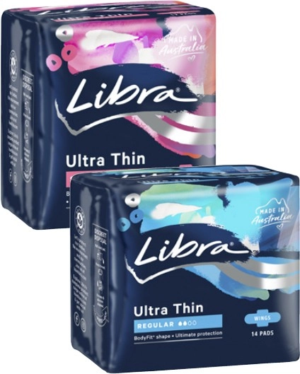 Libra Ultra Thin Pads with Wings Regular 14 Pack or Super 12 Pack