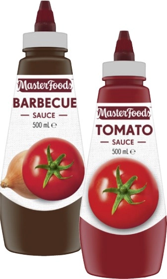 MasterFoods Squeeze Tomato or Barbecue Sauce 475mL-500mL