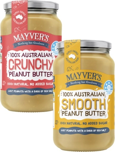 Mayver's Smooth or Crunchy Peanut Butter 375g