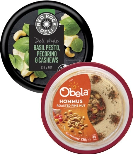 Obela Garnished Hommus Dip 220g or Red Rock Deli Dip 135g