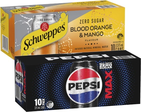 Pepsi, Solo or Schweppes Soft Drink or Schweppes Infused Sparkling Water 10x375mL