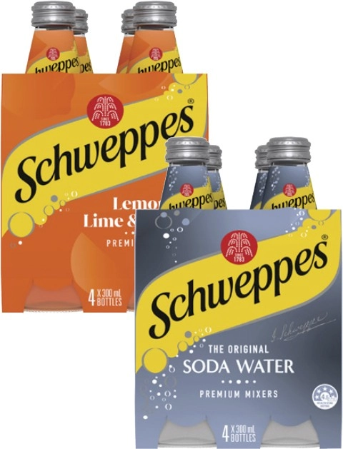 Schweppes Mixers, Soft Drink or Mineral Water 4x300mL