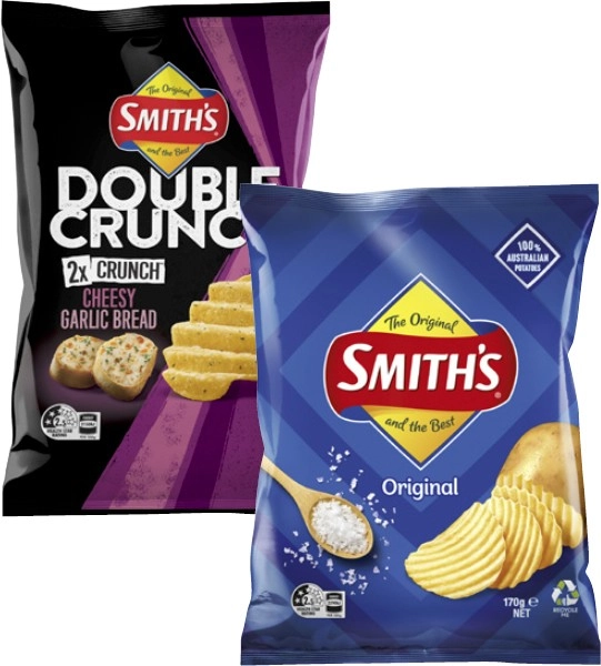 Smith's Crinkle Cut or Double Crunch Potato Chips 150g-170g