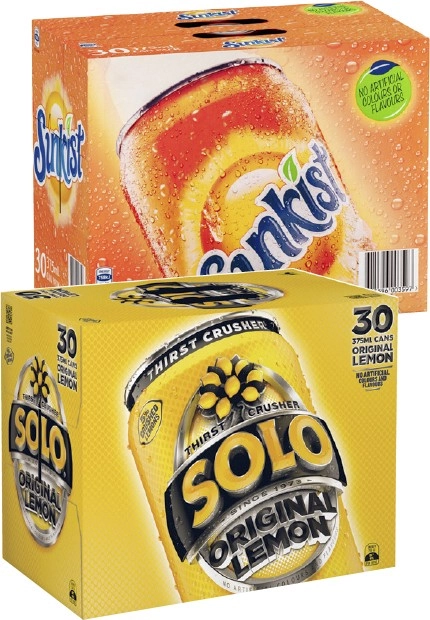 Solo, Sunkist or Lemonade 30x375mL