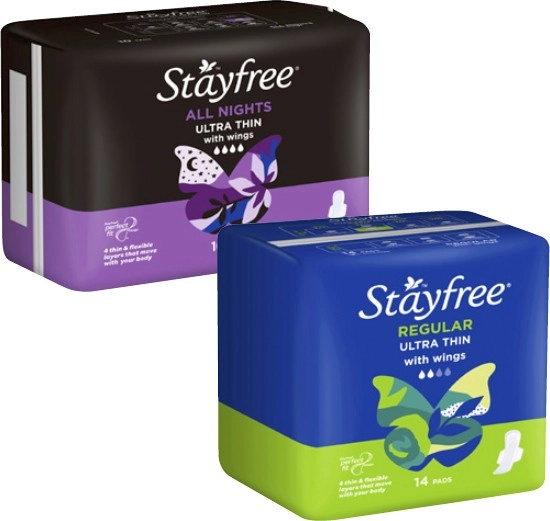 Stayfree Pads with Wings Regular 14 Pack or All Nights 10 Pack