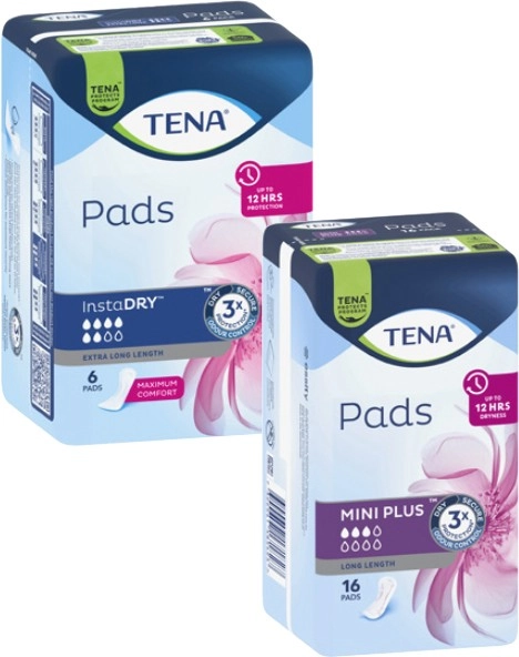 Tena Pads Mini Plus Long Length 16 Pack or Insta Dry Extra Long 6 Pack