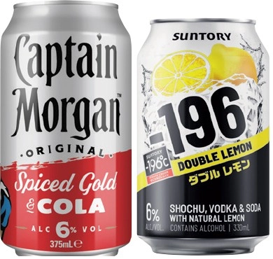 Captain Morgan & Cola 6% or Suntory -196 6% Varieties 4 Pack