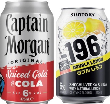 Captain Morgan & Cola 6% or Suntory -196 6% Varieties 4 Pack