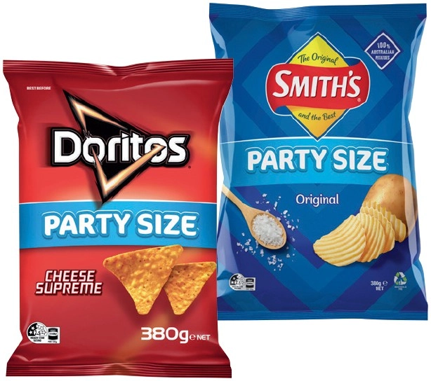 Doritos, Smith’s Crinkle Cut Chips 380g or Red Rock Deli Chips 290g Party Size Selected Varieties