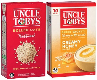 Uncle Tobys Rolled Oats 1kg or Oats Quick Sachets 8‑10 Pack Selected Varieties