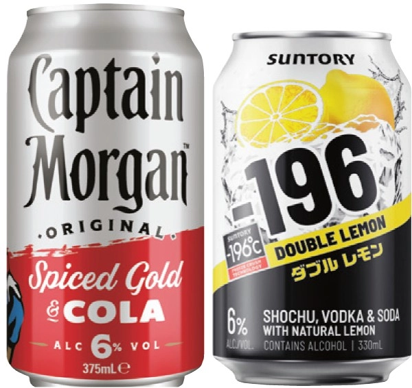 Captain Morgan & Cola 6% or Suntory -196 6% Varieties 4 Pack