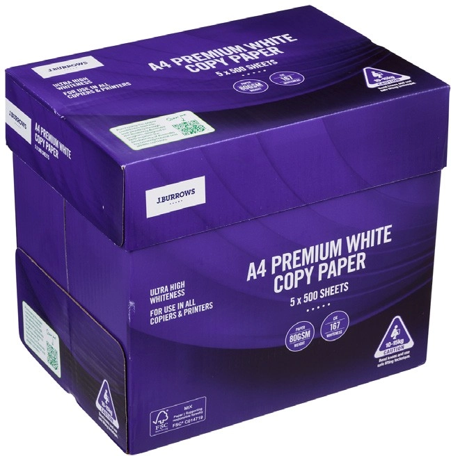 J.Burrows A4 80gsm Premium Copy Paper 5 Ream Carton