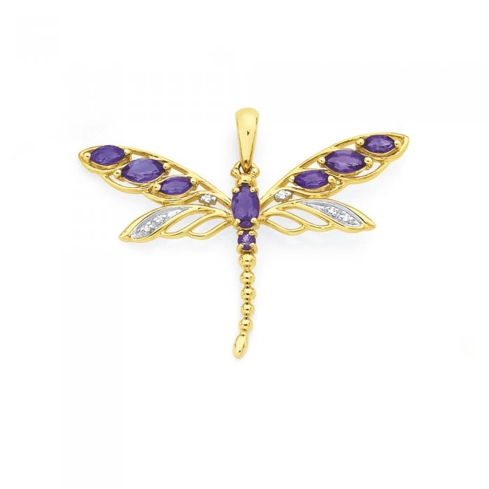 9ct Gold Amethyst & Diamond Filigree Dragonfly Pendant