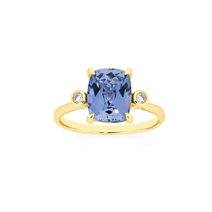 9ct Gold Created Ceylon Sapphire & Diamond Ring