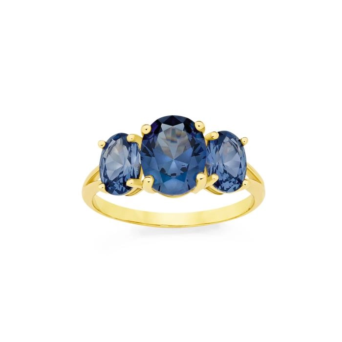 9ct Gold Created Ceylon Sapphire Trilogy Ring