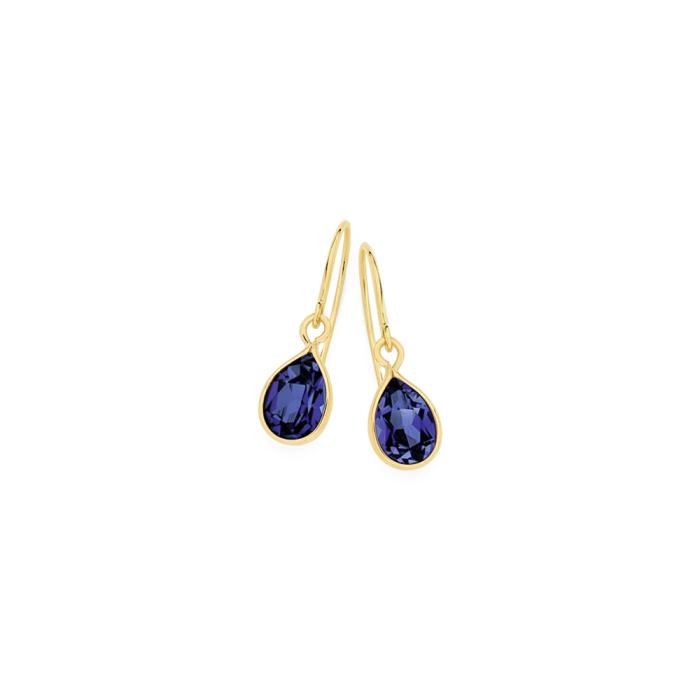 9ct Gold Created Sapphire Bezel Hook Earrings