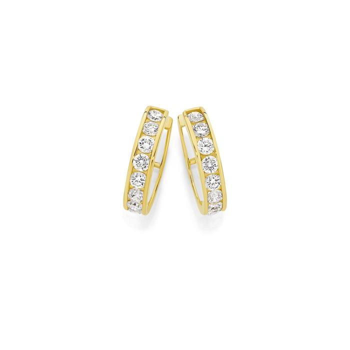 9ct Gold Cubic Zirconia Round Brilliant Cut Channel Set Huggie Earrings