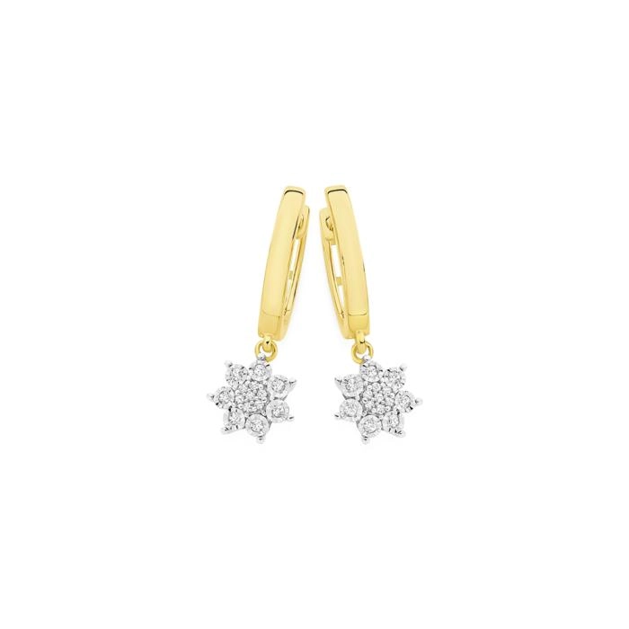 9ct Gold Diamond Flower Cluster Drop Huggie Earrings