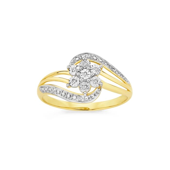 9ct Gold Diamond Flower Cluster Swirl Wrap Ring