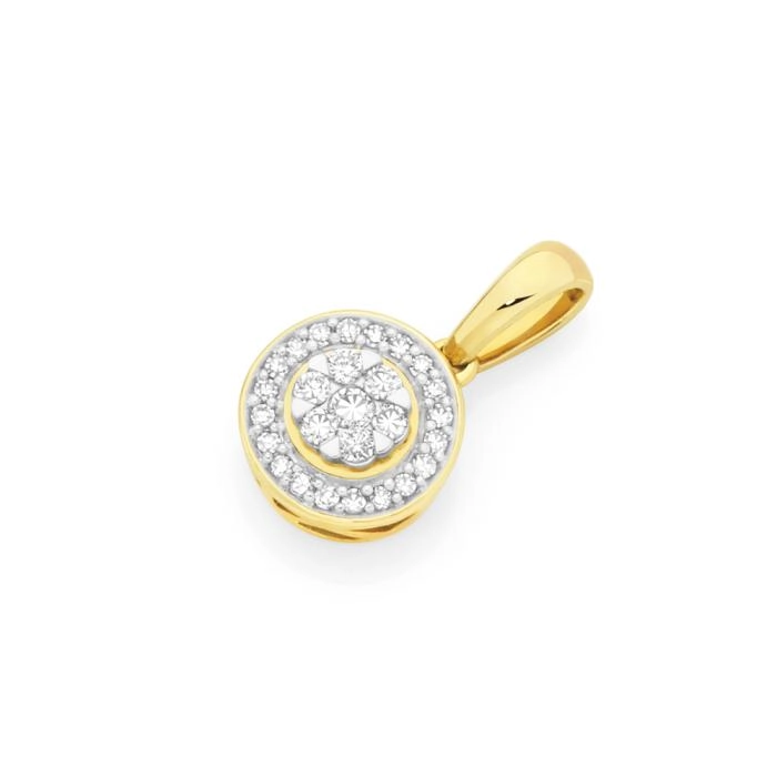 9ct Gold Diamond Round Frame Cluster Pendant