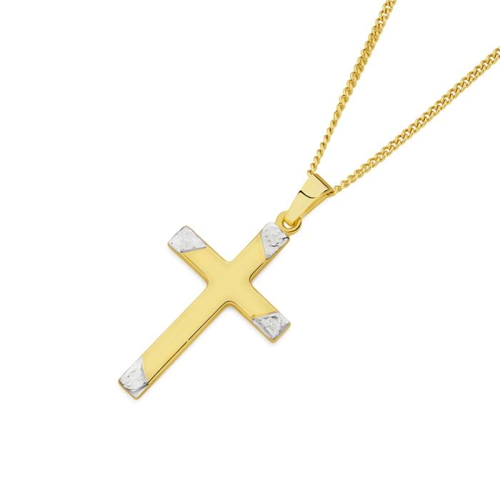 9ct Gold Two Tone 24mm Diamond-Cut, Polished & Matte Cross Pendant