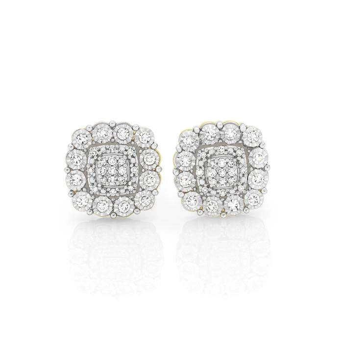 9ct Two Tone Gold Diamond Cushion Cluster Stud Earrings