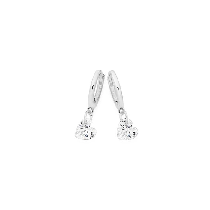 Sterling Silver 6mm Heart Cubic Zirconia Drop on Huggie Earrings