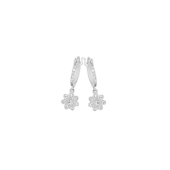 Sterling Silver Cubic Zirconia Flower on Cubic Zirconia Hoop Earrings