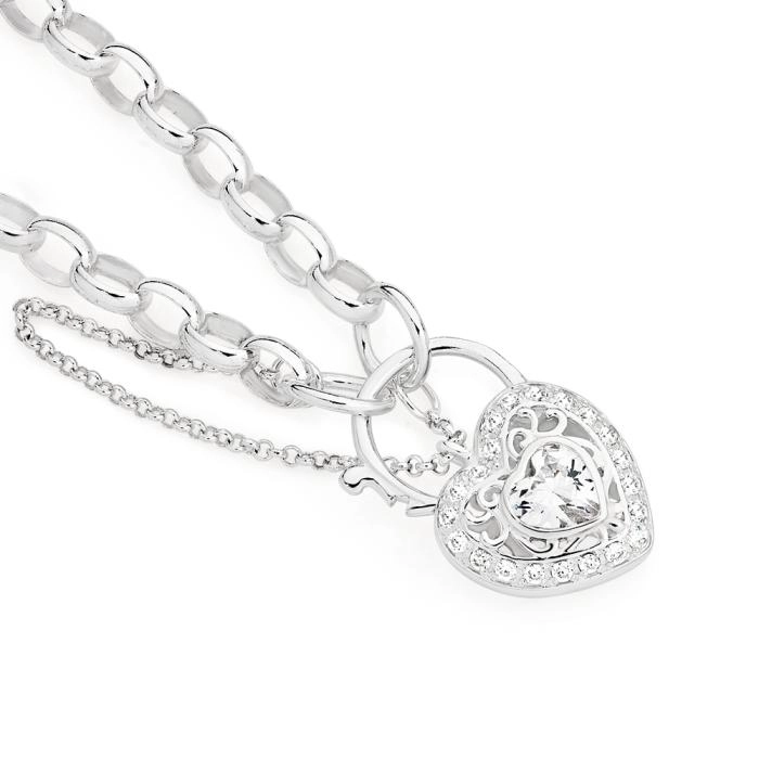 Sterling Silver Cubic Zirconia Halo Heart Oval Belcher Padlock Bracelet