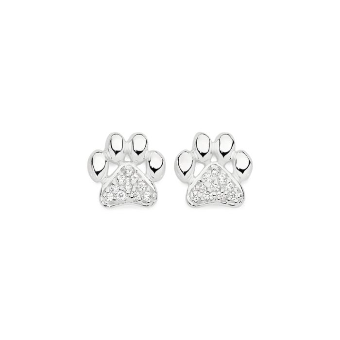 Sterling Silver Cubic Zirconia Pave Paw Print Earrings