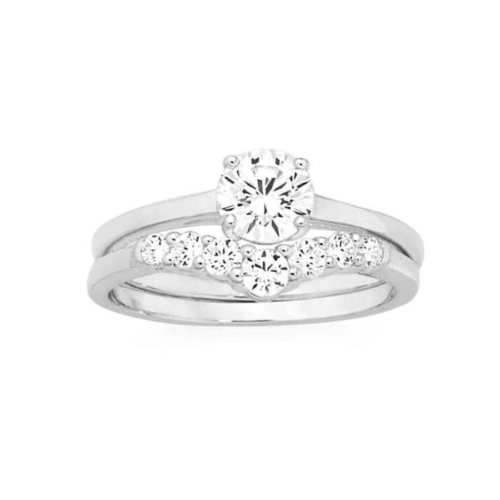 Sterling Silver Cubic Zirconia Solitaire with V Cubic Zirconia Eternity Ring Set