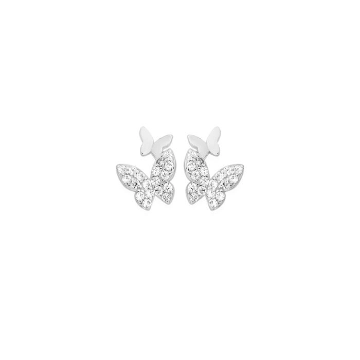 Sterling Silver Flutter Cubic Zirconia & Plain 2 Butterfly Studs