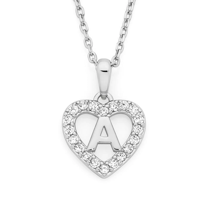 Sterling Silver Initial A in Cubic Zirconia Heart Pendant