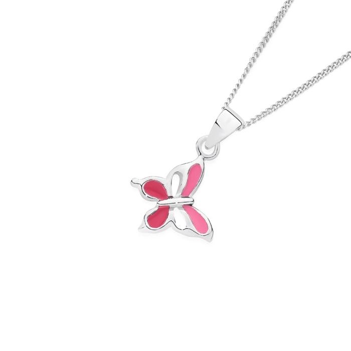 Sterling Silver Pink Enamel Offset Butterfly Pendant